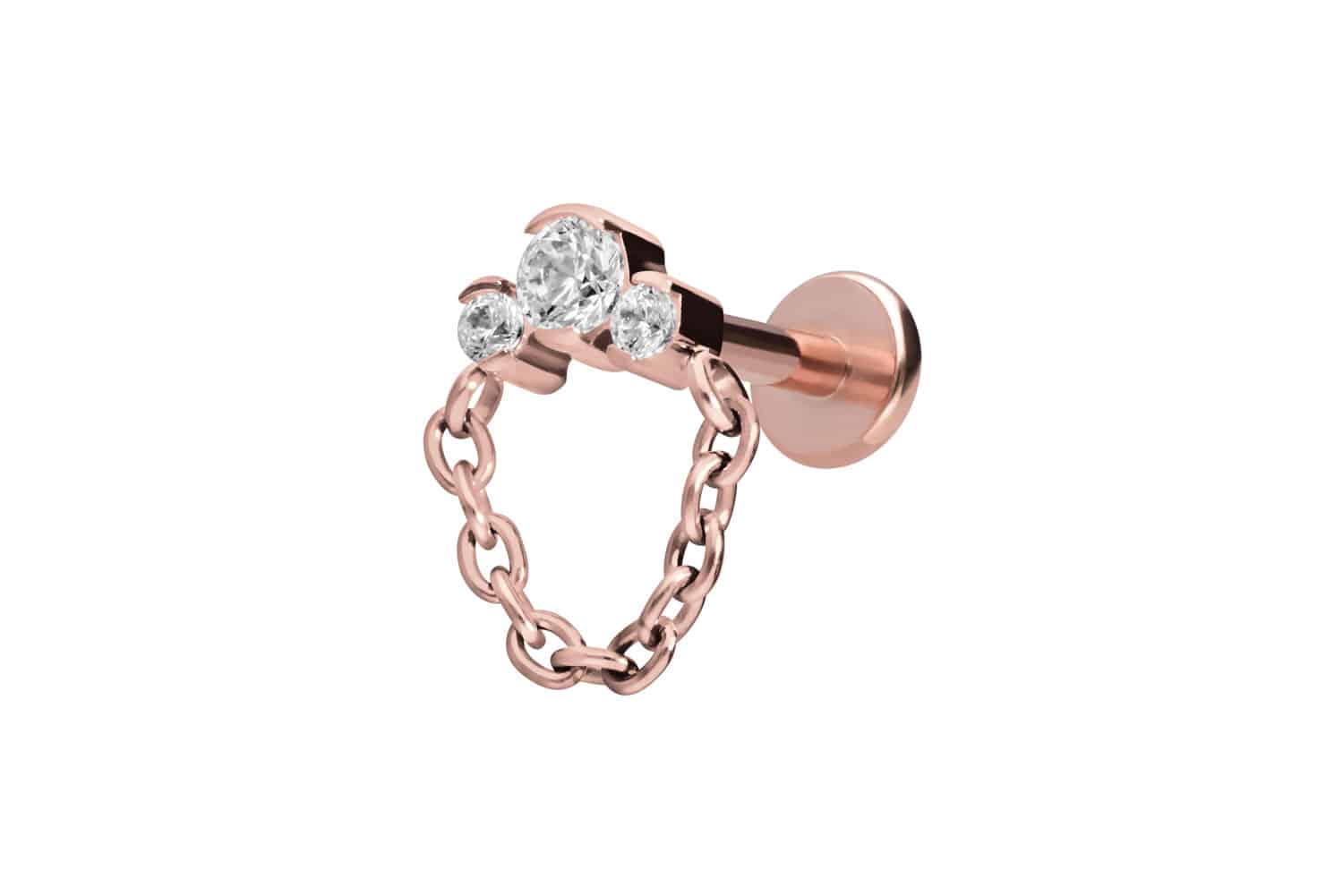 Titan Labret Piercing mit Innengewinde 3 EINGEFASSTE KRISTALLE + KETTE